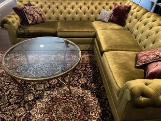 Custom Down Couch, Oriental Rug & Table
