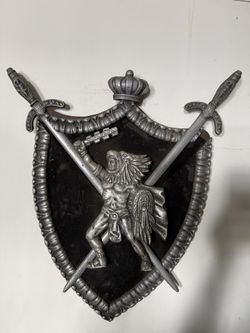 Vintage Metal Wood Medieval Knight Shield Crest Sword Wall Art Decor