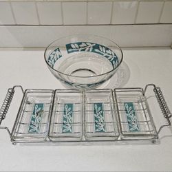 MCM Glass Serving Bowl & Tray Set With Metal Stand By Colony Glass