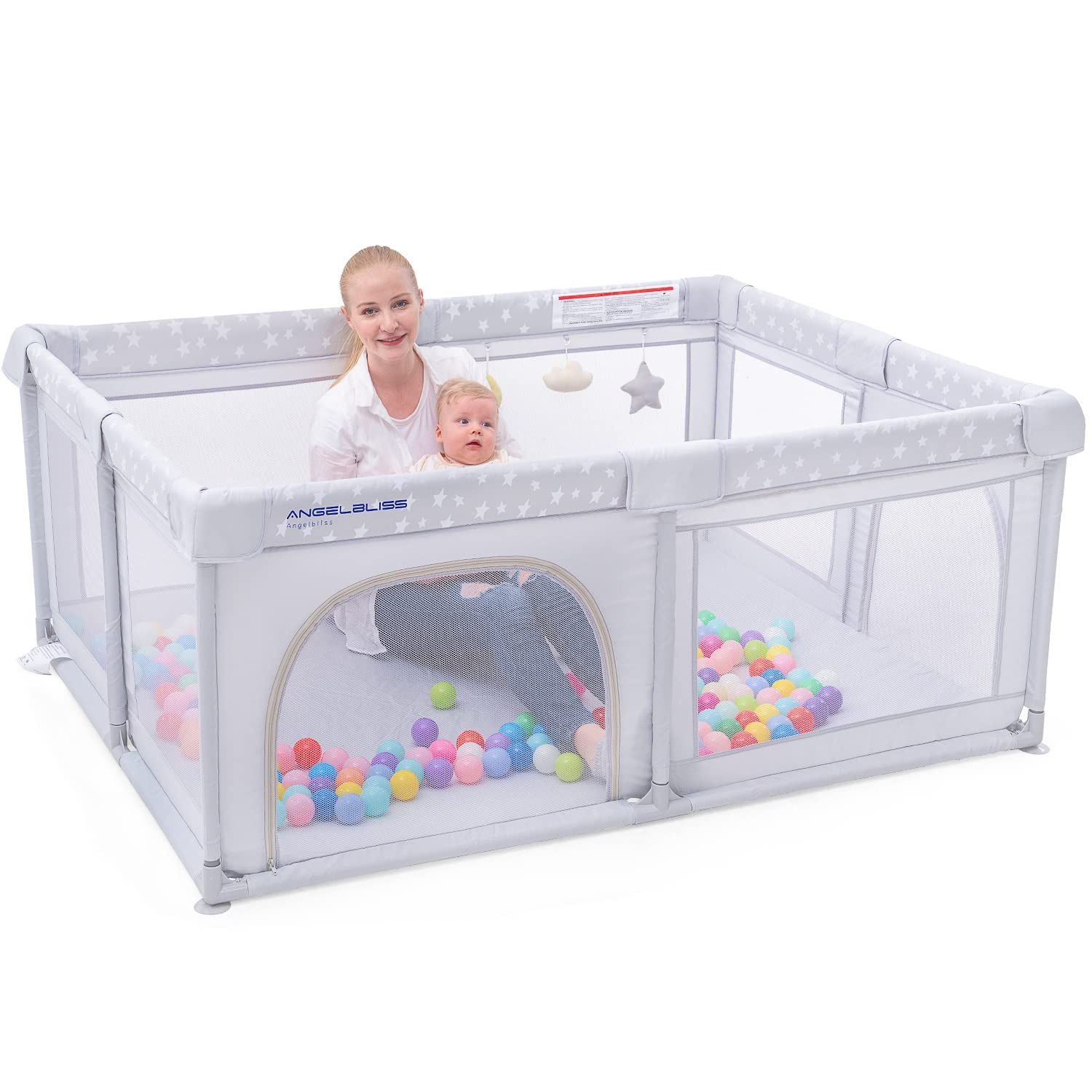 Angelbliss extra large baby playpen HUI-82 Light Gray stars print brand new