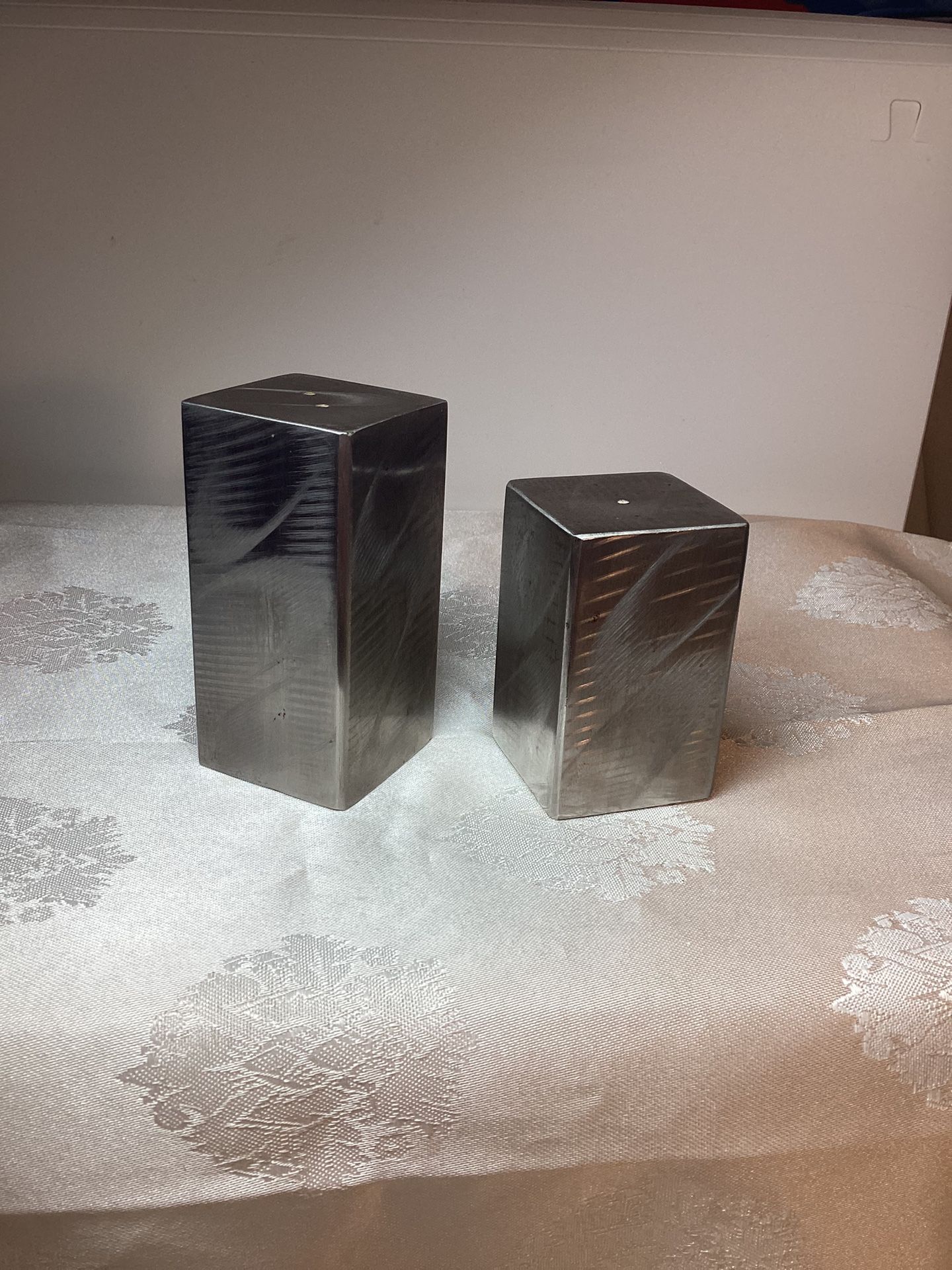 Vintage Modernist Stainless Square Etched Salt And Pepper Shakers