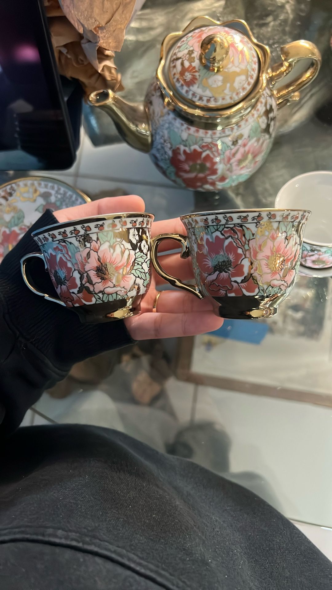 Tea Pot Set Vintage Gold Floral Porcelain European Bone China