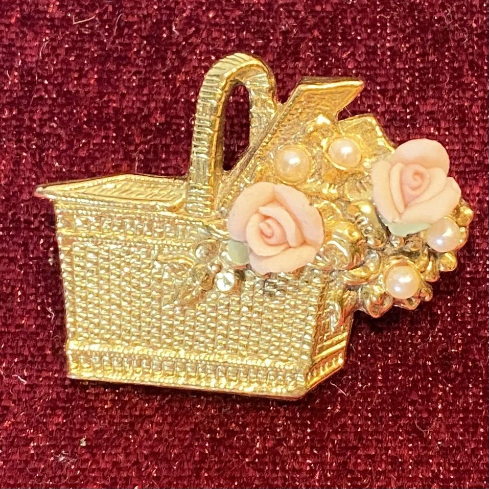 Vintage Basket Brooch with Porcelain Roses & Faux Pearls