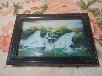 Vintage lighted shadow box waterfall and crane scene