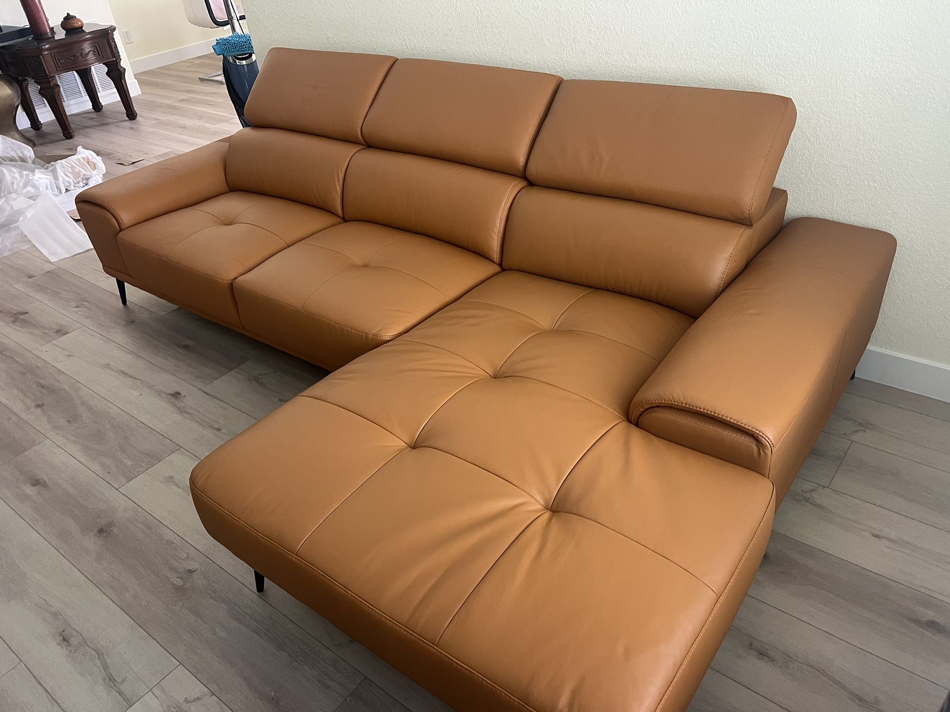 New Leather Match Sectional. Mustard, Tangerine, Grey. 110x68x29H. Free Delivery!