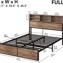 LIKIMIO Full Size Bed Frame with Tall Bookcase Headboard and Charging Station, Solid and Stable Platform Bed, No Box Spring Needed,Rustic Maple（0024）