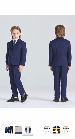 Boys 5 Piece Slim Fit Suit Set, Solid Formal Dresswear of Jacket Vest Pants Shirt and Tie