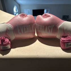 Everlast Novice, Pink White Black, Elite Evershield Velcro Cuff Boxing Gloves With Pink Hand Wraps - 12 Ounce