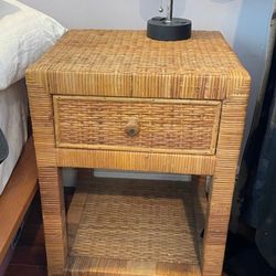 Vintage Boho Rattan Wicker Nightstand / Bedside Table