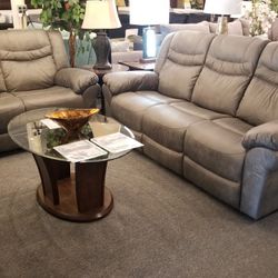 Brand New Gray Leather-Like Fabric Manual Reclining Sofa + Loveseat 2PCs Set