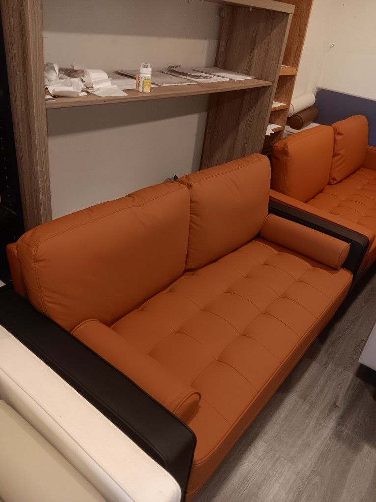 Orange Tangerine Faux Leather Couch