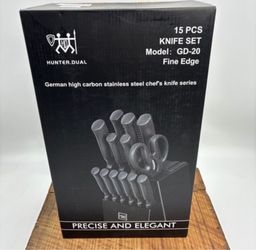 NEW 15-Piece Kitchen Knife Set with Block & Built-In Sharpener