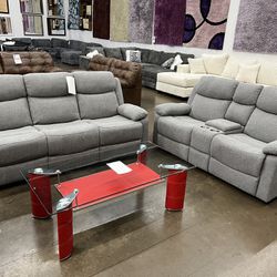 GRAY FABRIC RECLINER COUCH SET  