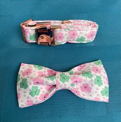 Babole Pet Dog Collar with Bow Tie Pink and Green Clovers