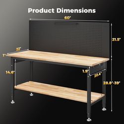 60" Work Bench Adjustable Height with Storage Shelf, Max Load 2000 LBS Heavy Dut
