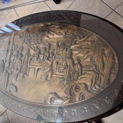 Vintage Hand-Carved Asian Coffee Table w/ Glass Top – 46” x 26” – H 20.5” 