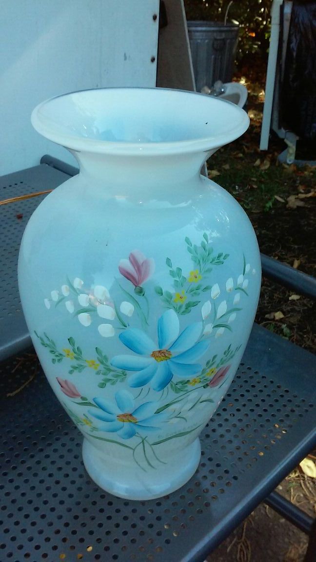 White Fenton hand Painted vase 13 inch tall by 6” inches wide