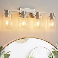 Farmhouse 27.36 in. 4-Light Nickel Modern Industrial Vanity Light with Clear Glass Shades