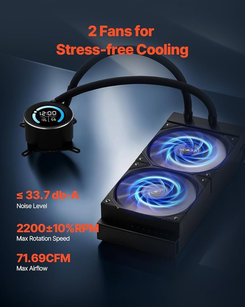 VEVOR CPU Liquid Cooler, AIO CPU Water Cooler - 120mm PWN Fans, Pump, 1.8'' Display, Max. 2200RPM CPU Cooling Fan, Efficient Black PC Water Cooler for