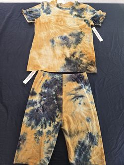 New Fashion Set T Shirt & Bike Shorts Large Black Orange Tie Die Stretch New