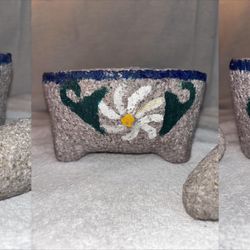 Vintage Stone Molcajete Mortar Pestle Mexican Folk Art Floral 6.5”