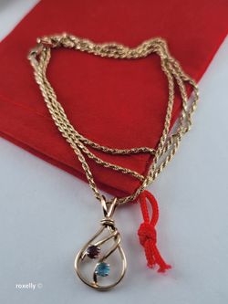 14K Yellow Gold Diamond-Cut Rope Chain Garnet and Blue Topaz Pendant, Made in Italy!/ Collar y Dije de Oro Italiano! 👌🎁Post Tags: Collar de Oro