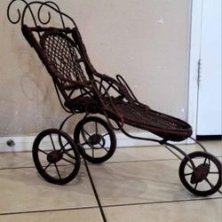RARE ANTIQUE  DOLL WICKER 3 WOODEN WHEEL WHEELCHAIR STROLLER DESIGN 