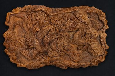 Massive Carved Dragon & Phoenix Wood Slab