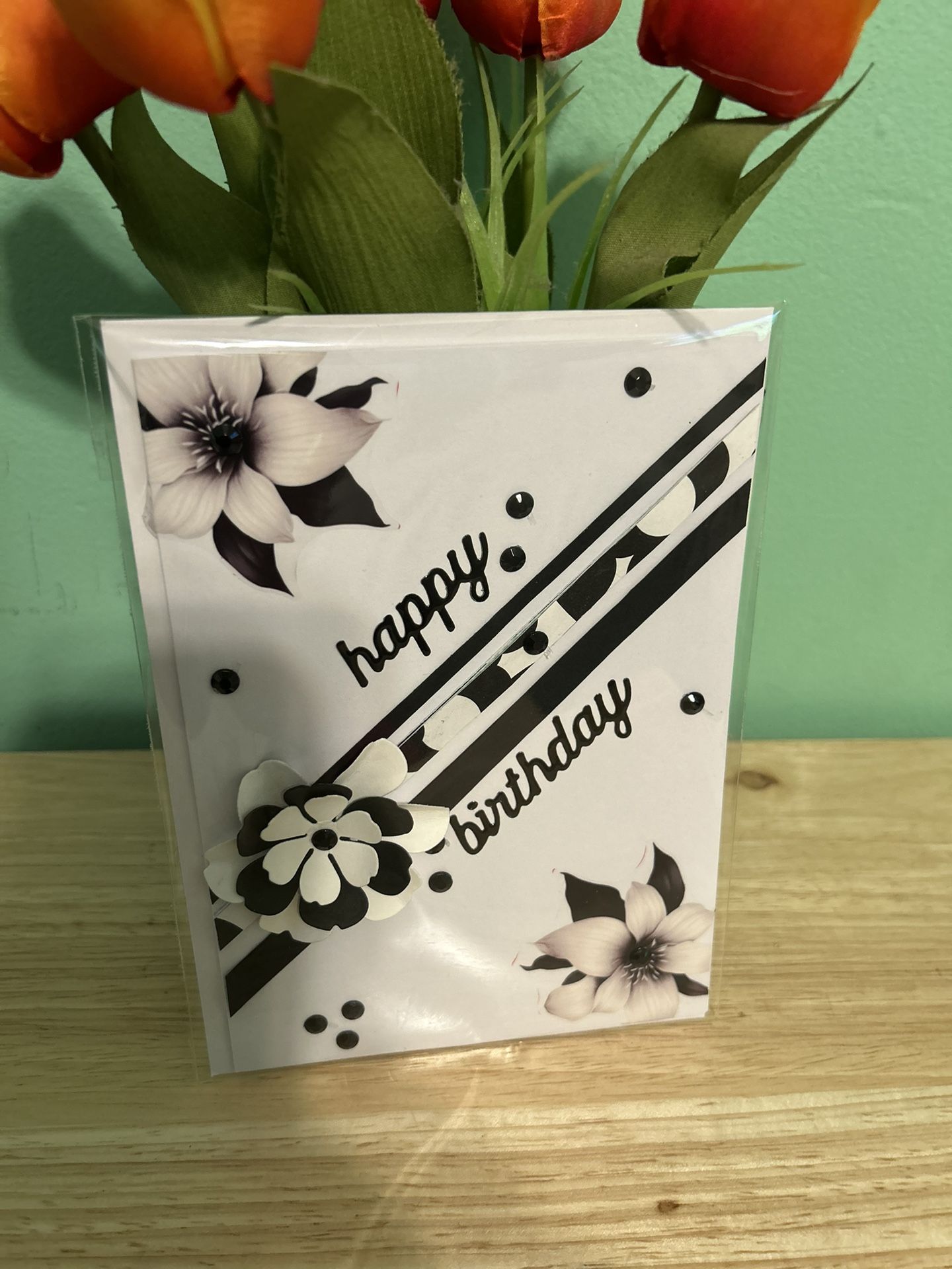 Chic Floral Black and White Birthday Card