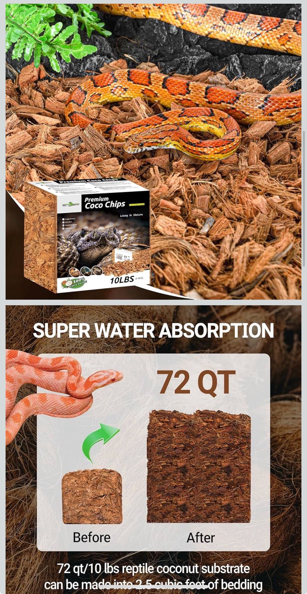 REPTI ZOO 72 Quart Reptiles Coconut Chip Substrate, Coco Husk Reptiles Bedding for Ball Python, Snakes, Geckos, Lizards, Tortoises, Frogs | Terrarium