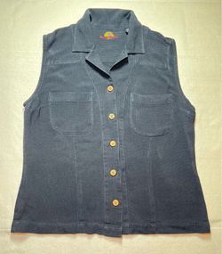 Vintage Tommy Bahama Women’s Waffle Weave Sleeveless Camp Shirt,Navy Blue,Medium