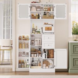 72" Tall Kitchen Pantry Storage Cabinet, Kitchen Hutch Cabinet with Doors and Shelves, Modern Food Pantry with 2 Drawers for Dining Room, Living Room,