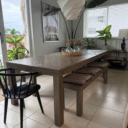 Rustic Wood Indoor/Outdoor Dining Table With Extension And  2 Benches