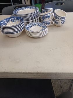 Pyrex Blue & White Floral Glass Dinner Service Set Round Plates Bowls Cups