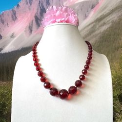 Vintage & Faceted,Graduated,Knotted Red Cherry Amber Bakelite Necklace 18”in & 20Grams