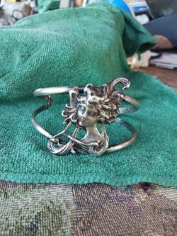 :Vintage CLC Sterling Silver Art Nouveau Revival Cuff Bracelet - Repousse Woman Profile Flowing Hair