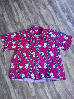 Hawaiian Polo Collared Shirt Leis Red Floral Tropical Men's Size XL loose fit fr