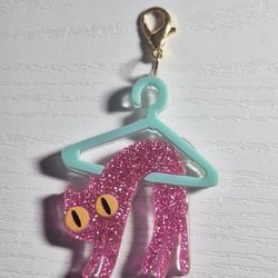 Glitter Pink Cat Hanger Keychain Zipper Charm