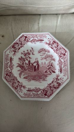 Red Transferware Octagonal Ceramic Plate