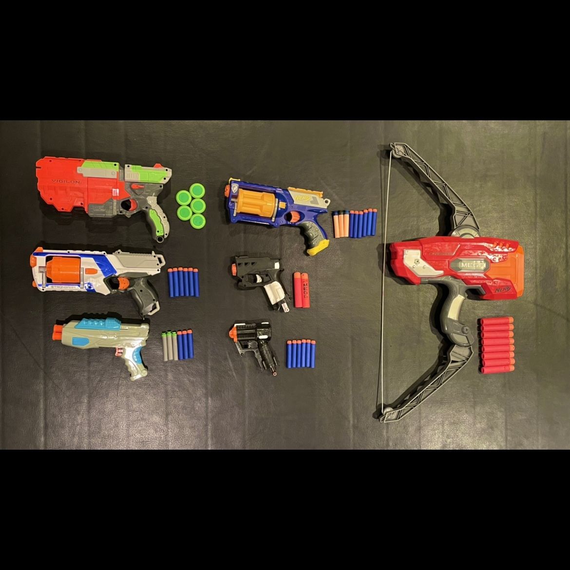 Nerf Guns, 6 Pistols complete with Nerf brand Darts, Nerf Mega Thunderbow, 30 after market plastic tipped spare darts
