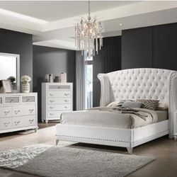 Barzini - 4 Piece Queen Upholstered Tufted Bedroom Set - White
