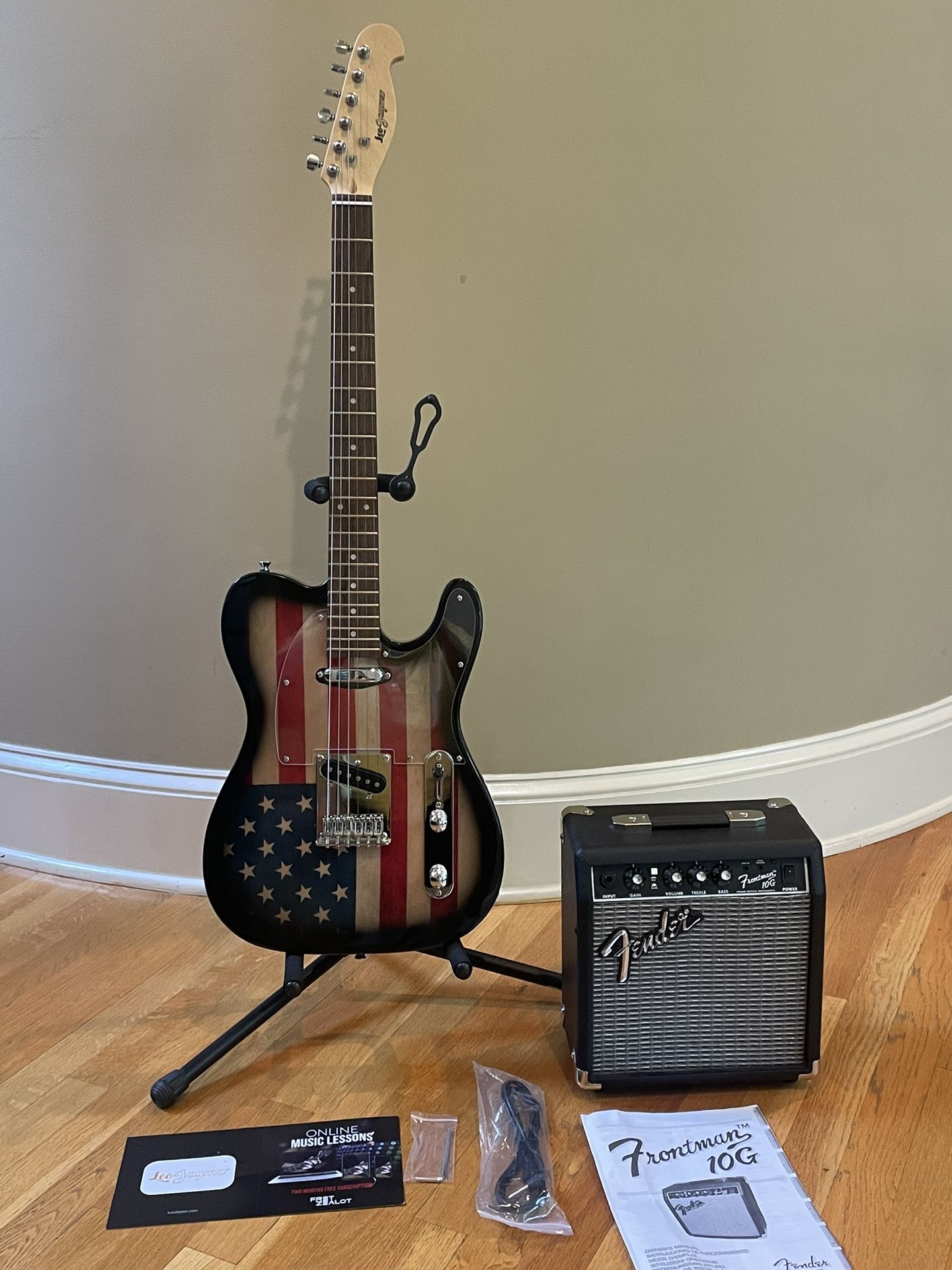 New American Flag Telecaster Guitar and Fender 10watt Amp