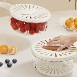 New Drain Basket with Lid Fruit Rice Washing Drain Basket with Handle Refrigerator Storage Bowl Home Kitchen Organizer