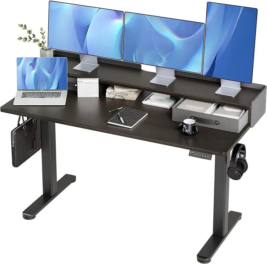 48x24 Inches Adjustable Height Electric Standing Desk with Double Drawers and Storage Shelf Stand Up Desk Computer Desk for Home Office

