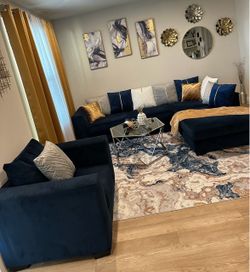 Large Navy Blue Sectional & Loveseat Set