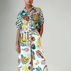 Womens Summer Print 2 Piece Linen Sets Boho Short Sleeve Button Shirt Wide Leg Pants Outfits