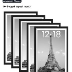 12x18 Picture Frame Set of 5, Display Pictures 11x17 with Mat or 12 x 18 Without, Wall Gallery Poster Frames, Black