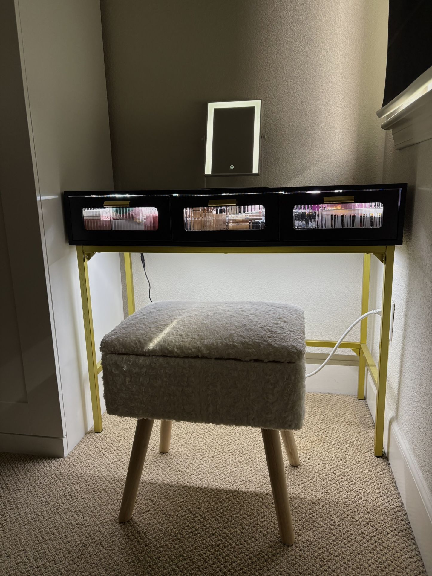 Makeup Vanity Complete Set with LED Lights, Mirror & Storage Stool