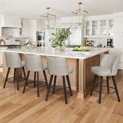 LUE BONA 360-degree Swivel Bar Stools Set of 4, 26" Counter Height Bar Stools with High Back and Wood Legs, Morden Faux Leather Upholstered Barstools 
