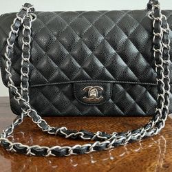 Black Quilted Caviar Medium Classic Double Flap Bag Silver Hardware With Dust Bag